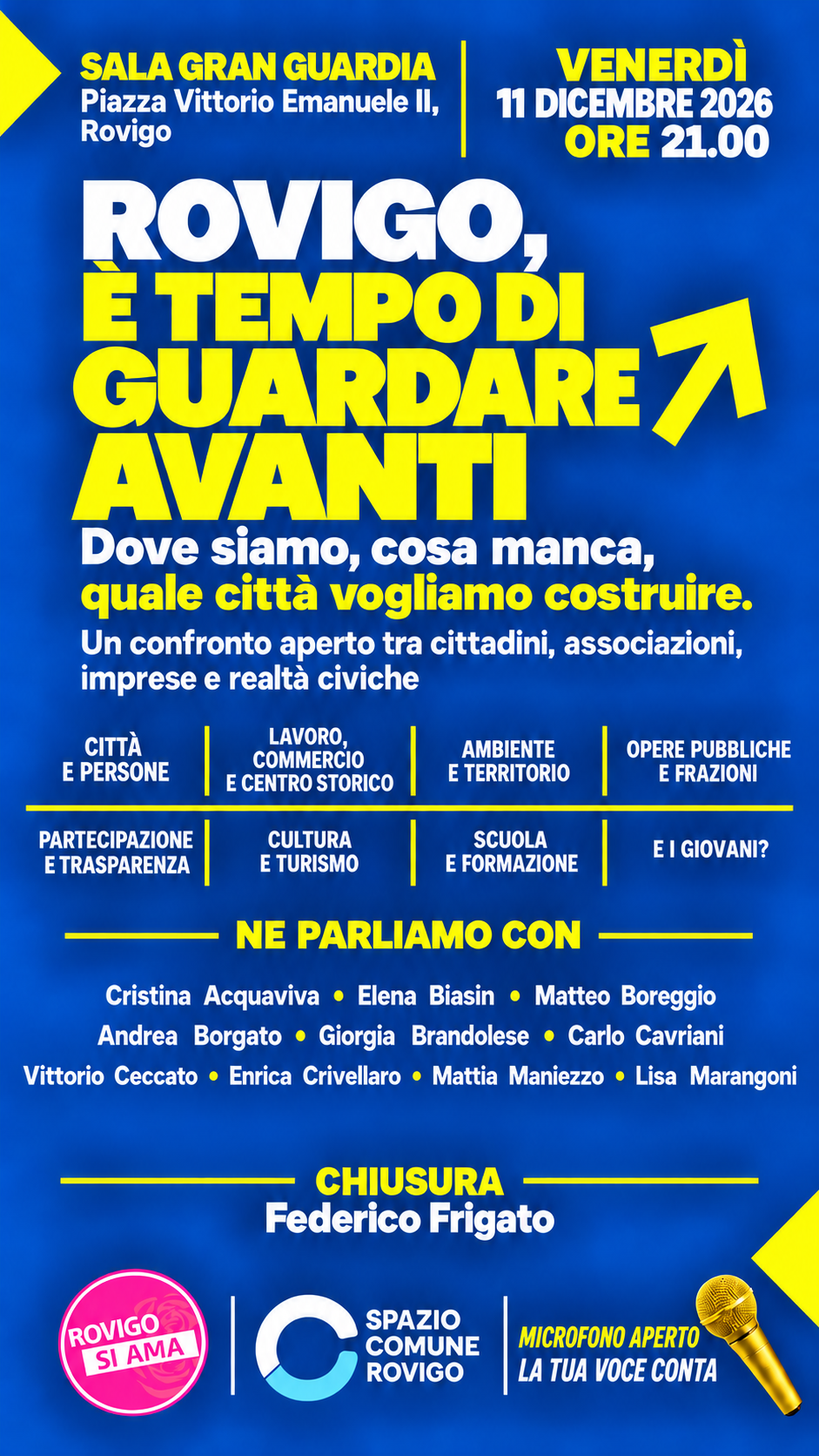 Locandina: Rovigo, è tempo di guardare avanti. 11 dicembre 2026, ore 21, Sala Gran Guardia.